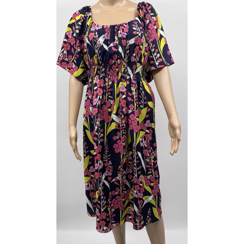 TRINA TURK Floral Tropical Smocked Sheath Midi Dress Breezy Flowy Lightweight